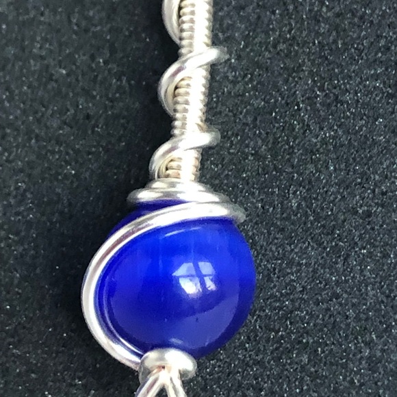 Blue cats eye glass bead wire wrap dangle earrings handmade 2” - Picture 5 of 6